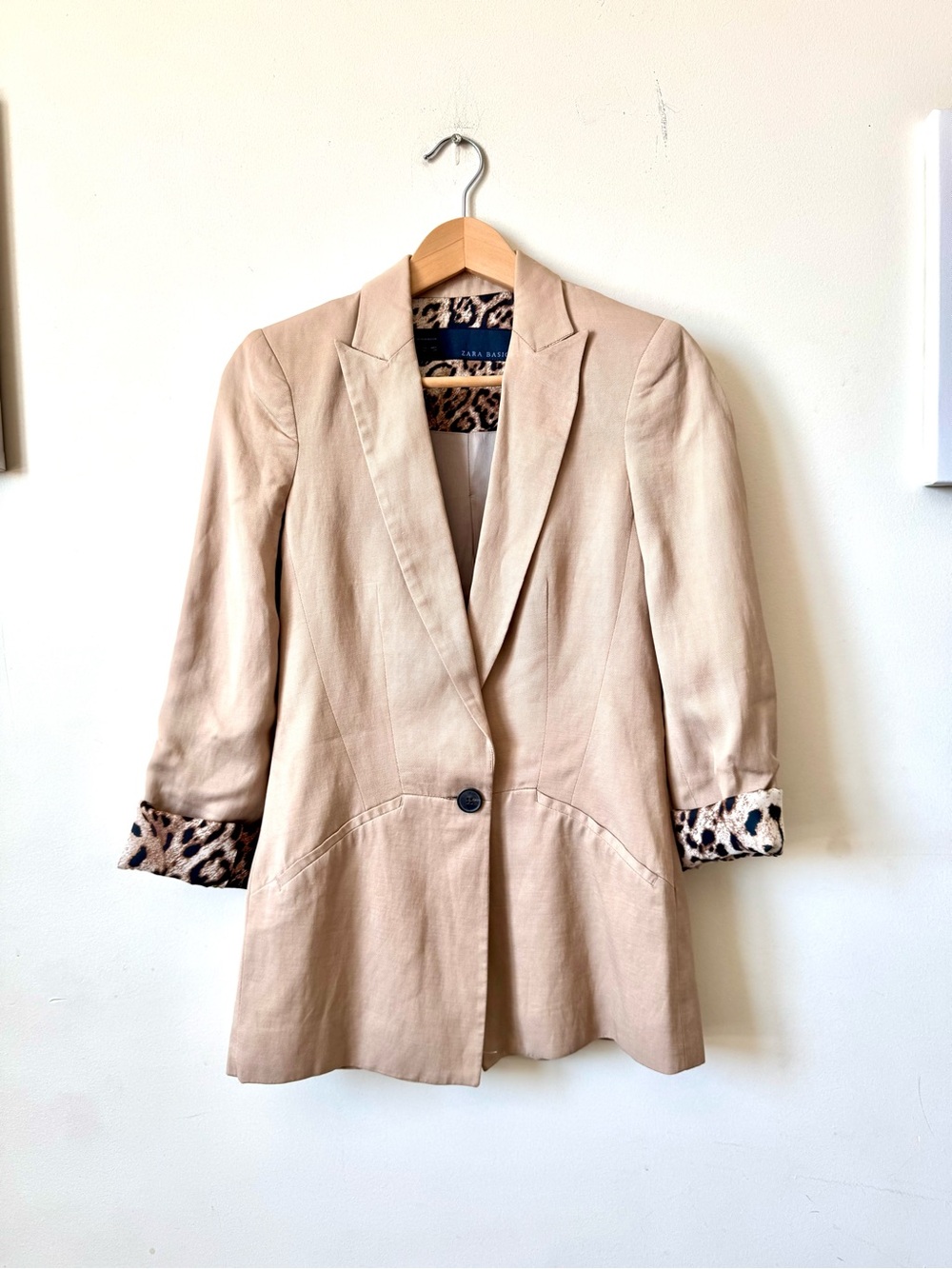 Zara Beige Blazer Linen Blend Leopard-Print Lining Size XS